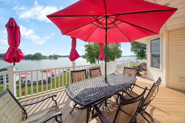 8321 Odowling Dr, Onsted, MI 49265 - wooden terrace with outdoor dining area, a water view, and a lawn