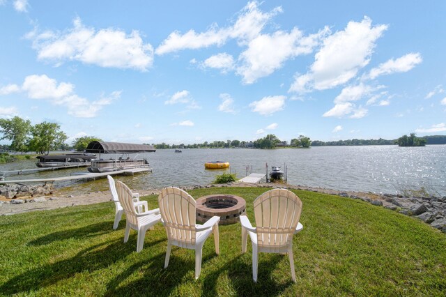 8321 Odowling Dr, Onsted, MI 49265 - view of green lawn featuring an outdoor fire pit, a boat dock, and a water view