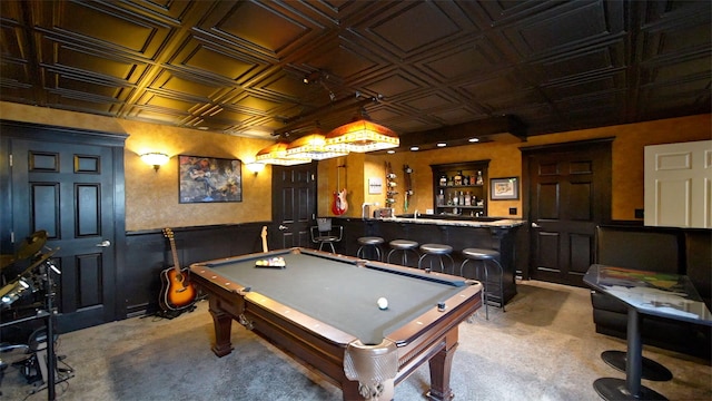 8321 Odowling Dr, Onsted, MI 49265 - game room featuring an ornate ceiling, carpet, a community bar, pool table, and a wainscoted wall