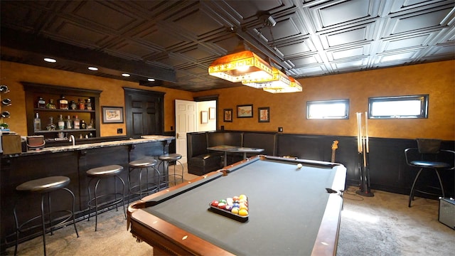 8321 Odowling Dr, Onsted, MI 49265 - game room with an ornate ceiling, billiards, bar with sink, and wainscoting
