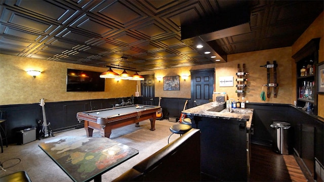 8321 Odowling Dr, Onsted, MI 49265 - game room with an ornate ceiling, wet bar, billiards table, a wainscoted wall, and carpet flooring