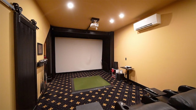 8321 Odowling Dr, Onsted, MI 49265 - home theater featuring a wall unit AC, dark carpet, recessed lighting, and a barn door