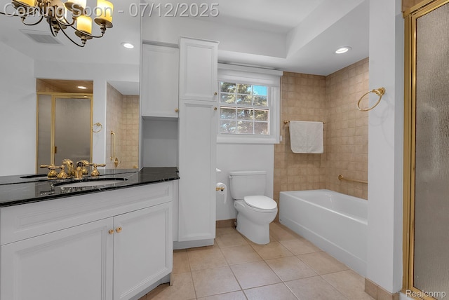 100 Billingsgate Ct, Bloomfield Hills, MI 48301 - bathroom with a shower stall, a chandelier, vanity, tile patterned flooring, and a garden tub