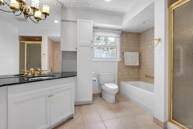 100 Billingsgate Ct, Bloomfield Hills, MI 48301 - full bathroom featuring a shower stall, a chandelier, vanity, tile patterned floors, and a bathtub