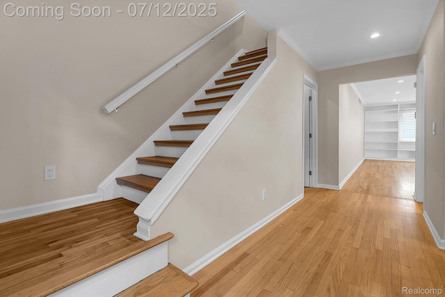 100 Billingsgate Ct, Bloomfield Hills, MI 48301 - stairs featuring ornamental molding, wood finished floors, and recessed lighting
