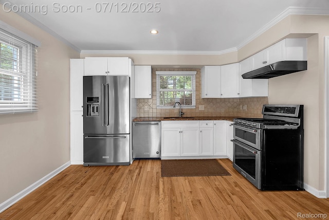 100 Billingsgate Ct, Bloomfield Hills, MI 48301 - kitchen featuring stainless steel appliances, under cabinet range hood, light wood-type flooring, dark countertops, and white cabinets