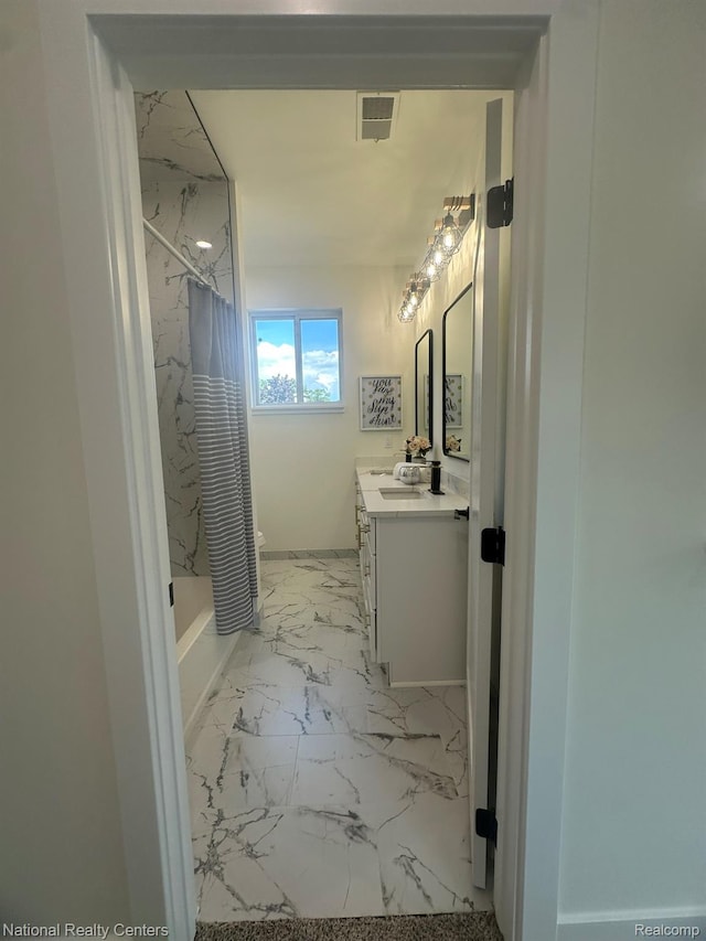 1666 Albany St, Ferndale, MI 48220 - full bathroom with vanity, marble finish flooring, and shower / tub combo with curtain