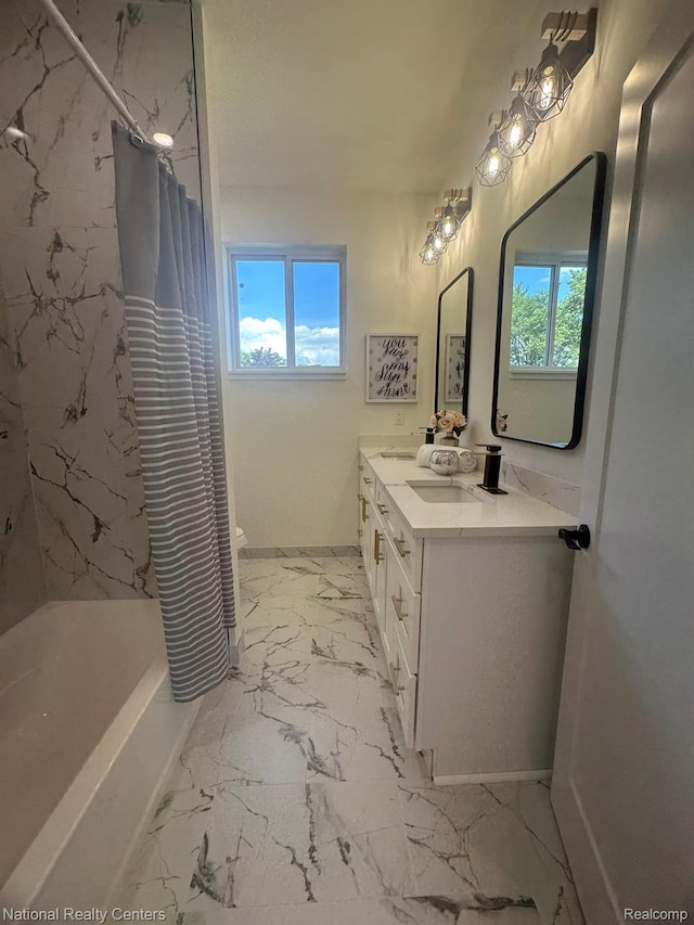 1666 Albany St, Ferndale, MI 48220 - bathroom featuring marble finish floors, double vanity, and shower / bath combo