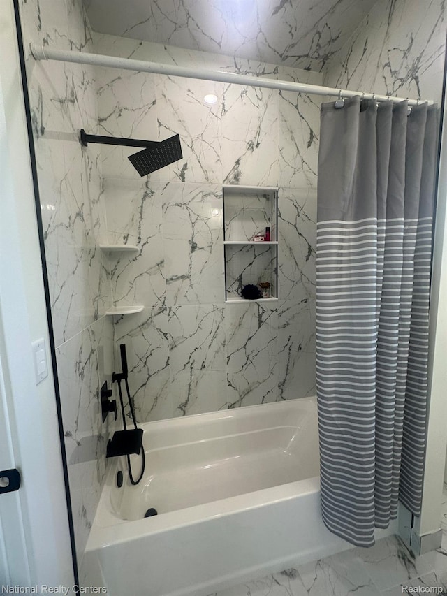 1666 Albany St, Ferndale, MI 48220 - full bathroom featuring shower / bath combo with shower curtain and marble look tiles