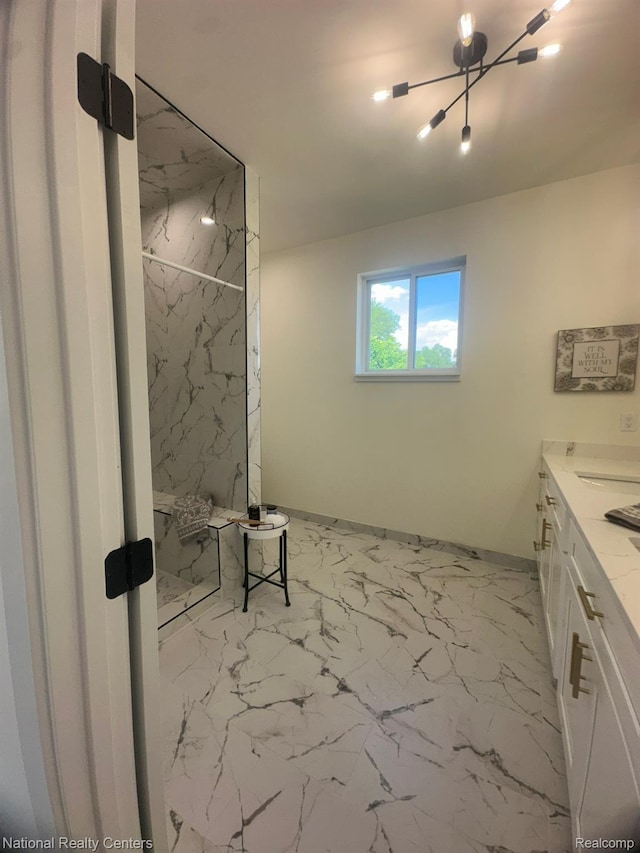 1666 Albany St, Ferndale, MI 48220 - full bathroom featuring a marble finish shower, marble finish floors, and double vanity