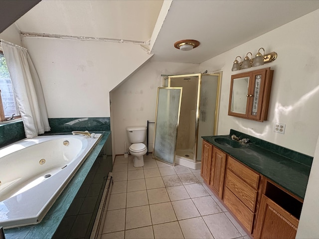 135 S Steer St, Addison, MI 49220 - bathroom with a shower stall, vanity, a tub with jets, and tile patterned flooring