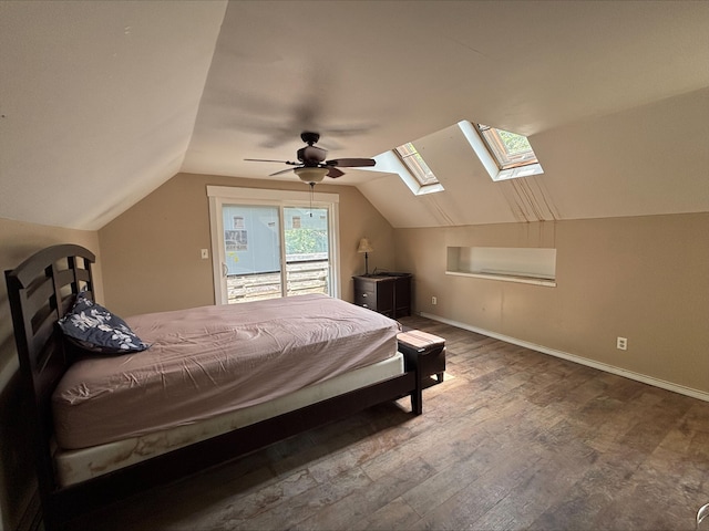 135 S Steer St, Addison, MI 49220 - bedroom featuring a skylight, wood finished floors, vaulted ceiling, access to outside, and ceiling fan