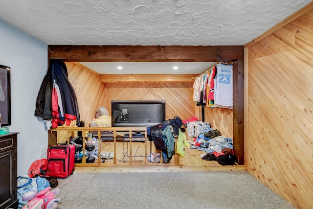 287-289 S Waverly Rd, Holland, MI 49423 - living room featuring wooden walls, carpet floors, recessed lighting, and beam ceiling