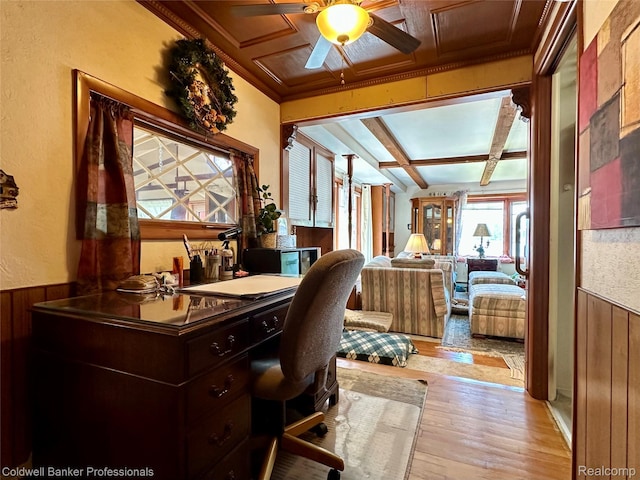 7351 Chain Lake Dr, South Branch, MI 48761 - office area featuring coffered ceiling, light wood finished floors, beamed ceiling, ceiling fan, and wainscoting