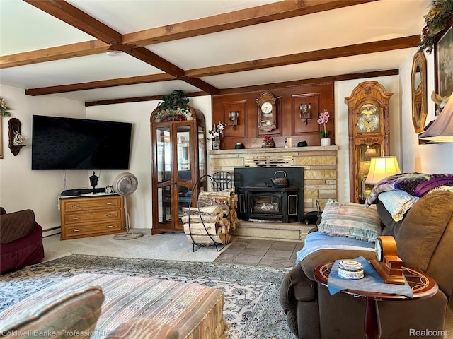 7351 Chain Lake Dr, South Branch, MI 48761 - living room featuring beamed ceiling and a baseboard radiator