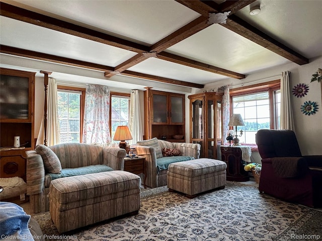 7351 Chain Lake Dr, South Branch, MI 48761 - carpeted living area featuring plenty of natural light and beamed ceiling
