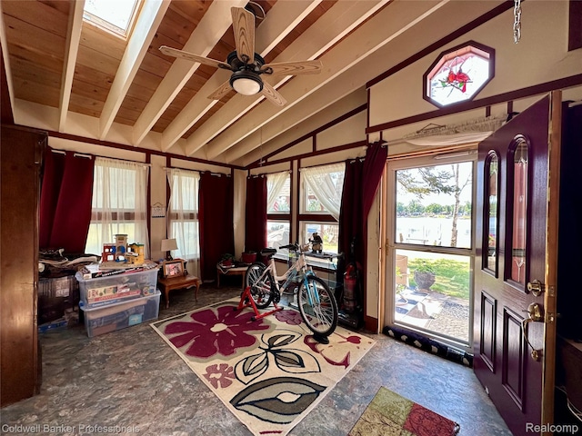 7351 Chain Lake Dr, South Branch, MI 48761 - foyer entrance with a water view, a ceiling fan, and a skylight