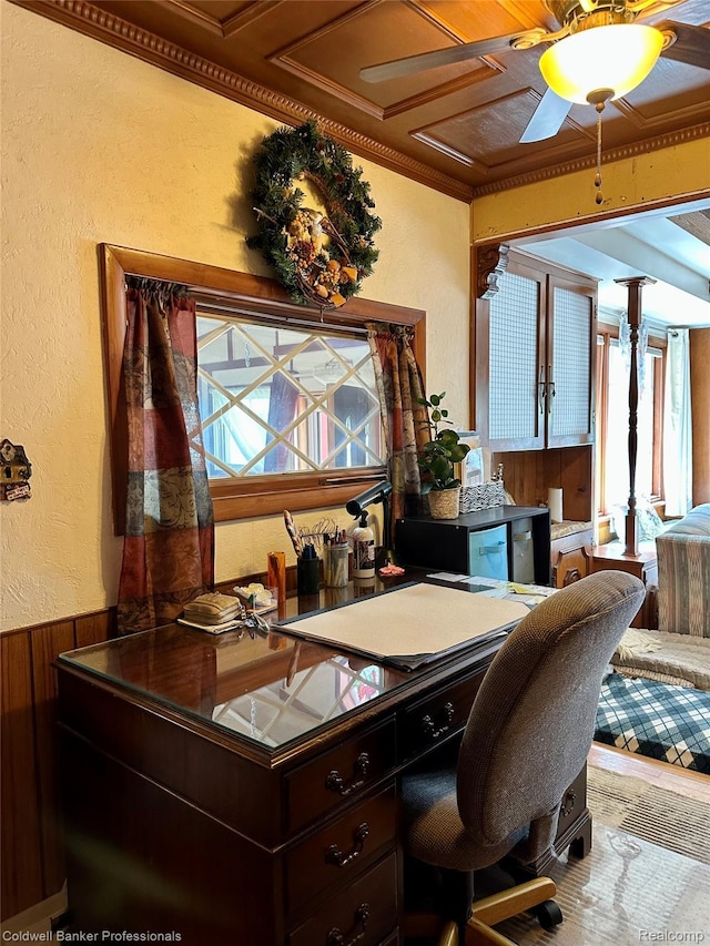 7351 Chain Lake Dr, South Branch, MI 48761 - office space featuring a textured wall, wood walls, crown molding, ceiling fan, and wainscoting