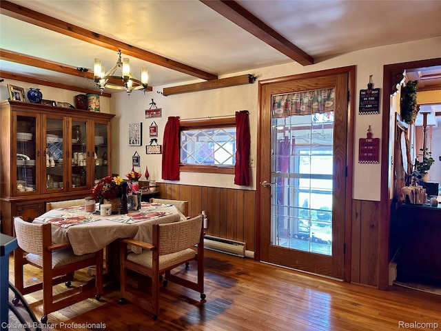 7351 Chain Lake Dr, South Branch, MI 48761 - dining space featuring a baseboard heating unit, beam ceiling, a chandelier, wood finished floors, and a wainscoted wall