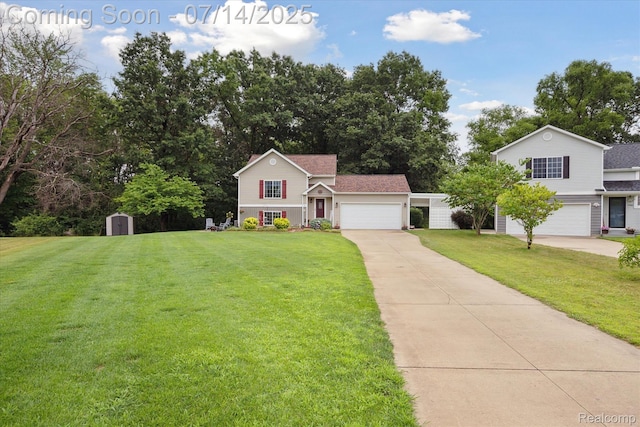 9481 Common Trl, Pinckney, MI 48169 - split level home featuring a front yard, a storage shed, concrete driveway, and a garage