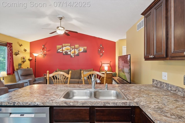 9481 Common Trl, Pinckney, MI 48169 - kitchen featuring dishwasher, vaulted ceiling, dark brown cabinets, a ceiling fan, and open floor plan
