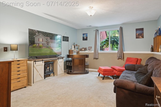 9481 Common Trl, Pinckney, MI 48169 - carpeted living room with a textured ceiling and a wood stove