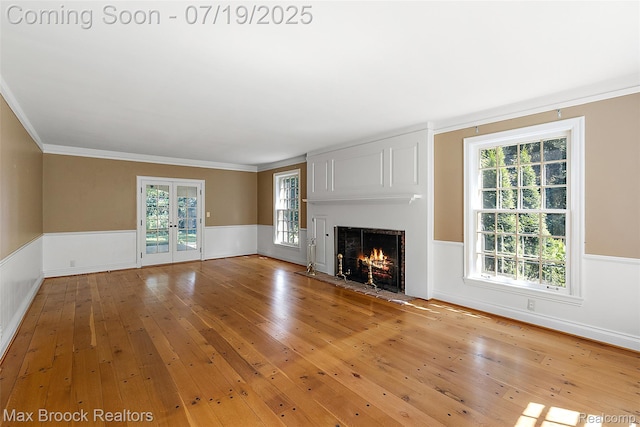 748 Waddington St, Bloomfield Hills, MI 48301 - unfurnished living room featuring light wood-style flooring, french doors, crown molding, a wainscoted wall, and a fireplace with flush hearth