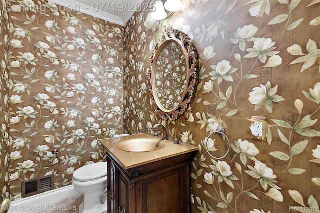 748 Waddington St, Bloomfield Hills, MI 48301 - bathroom featuring wallpapered walls, vanity, and crown molding