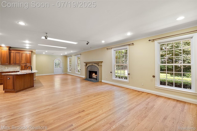 748 Waddington St, Bloomfield Hills, MI 48301 - unfurnished living room with a skylight, ornamental molding, light wood-style floors, recessed lighting, and a lit fireplace