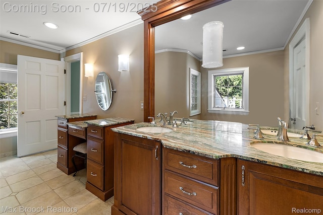 748 Waddington St, Bloomfield Hills, MI 48301 - full bathroom with double vanity, tile patterned floors, crown molding, and recessed lighting