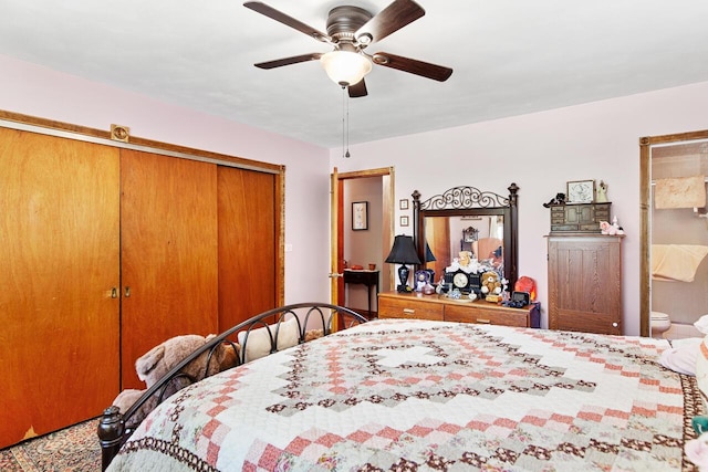 916 Hillcrest Dr, Adrian, MI 49221 - bedroom with a closet, ceiling fan, and ensuite bathroom