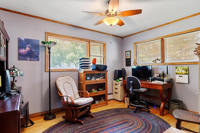 916 Hillcrest Dr, Adrian, MI 49221 - home office featuring wood finished floors, ceiling fan, baseboard heating, and ornamental molding