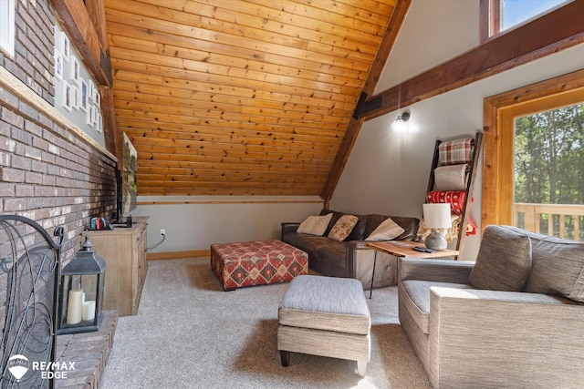 3078 Green Corners Rd, Lapeer, MI 48446 - living room featuring carpet flooring, lofted ceiling, and wood ceiling