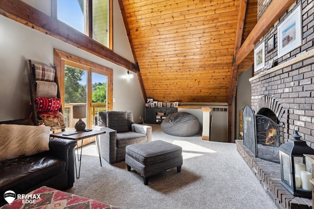 3078 Green Corners Rd, Lapeer, MI 48446 - carpeted living area with high vaulted ceiling, wooden ceiling, and a fireplace