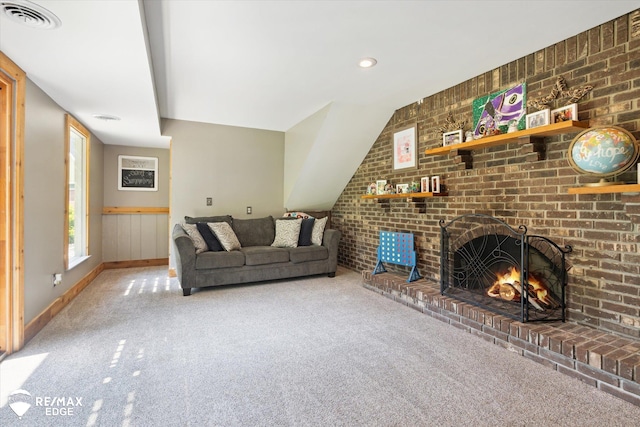 3078 Green Corners Rd, Lapeer, MI 48446 - unfurnished living room featuring carpet floors, a fireplace, wainscoting, and vaulted ceiling