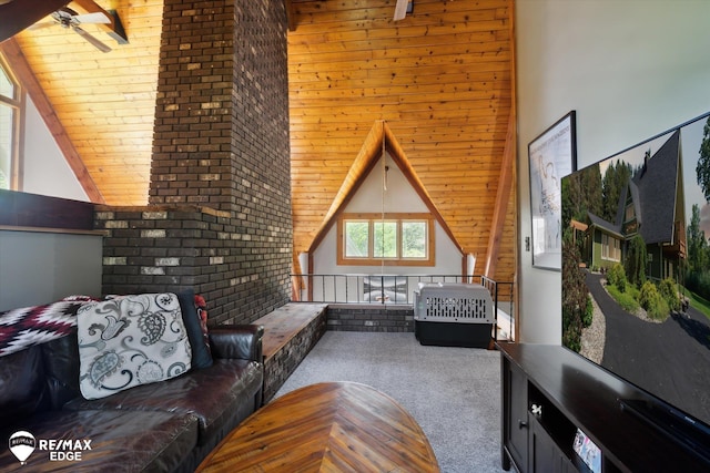 3078 Green Corners Rd, Lapeer, MI 48446 - living room featuring carpet flooring, ceiling fan, and lofted ceiling