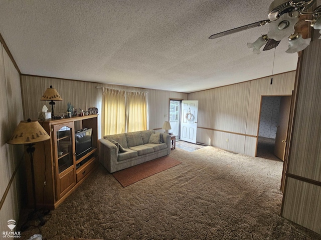 2789 Grass Lake Ave, Clare, MI 48632 - carpeted living room with a textured ceiling and ceiling fan