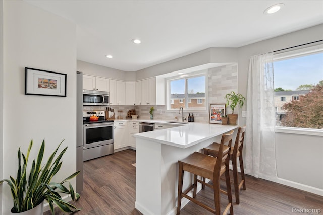 455 Baldwin Ave Unit 203, Rochester, MI 48307 - kitchen with appliances with stainless steel finishes, dark wood-type flooring, a breakfast bar, tasteful backsplash, and a peninsula