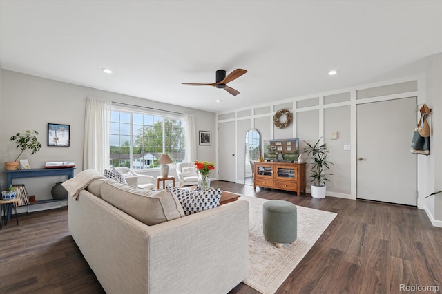 455 Baldwin Ave Unit 203, Rochester, MI 48307 - living room featuring a ceiling fan, dark wood-style floors, and recessed lighting
