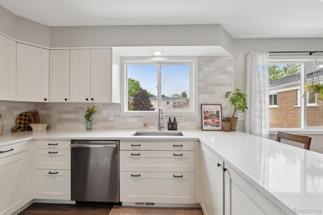455 Baldwin Ave Unit 203, Rochester, MI 48307 - kitchen with stainless steel dishwasher, white cabinetry, decorative backsplash, light countertops, and dark wood-style floors
