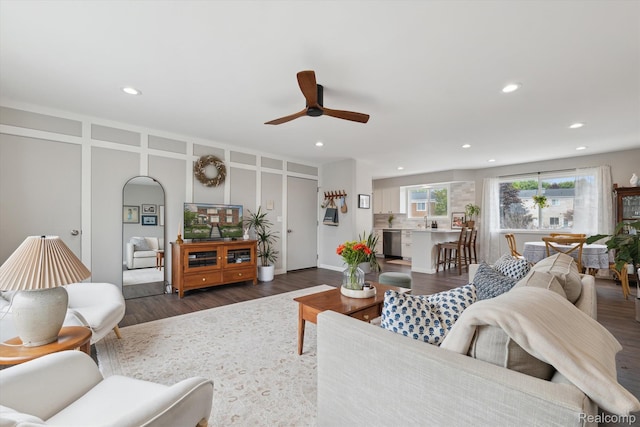 455 Baldwin Ave Unit 203, Rochester, MI 48307 - living room with recessed lighting, dark wood-style floors, and ceiling fan