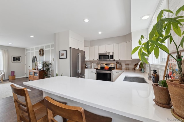 455 Baldwin Ave Unit 203, Rochester, MI 48307 - kitchen featuring stainless steel appliances, a peninsula, tasteful backsplash, light countertops, and white cabinets