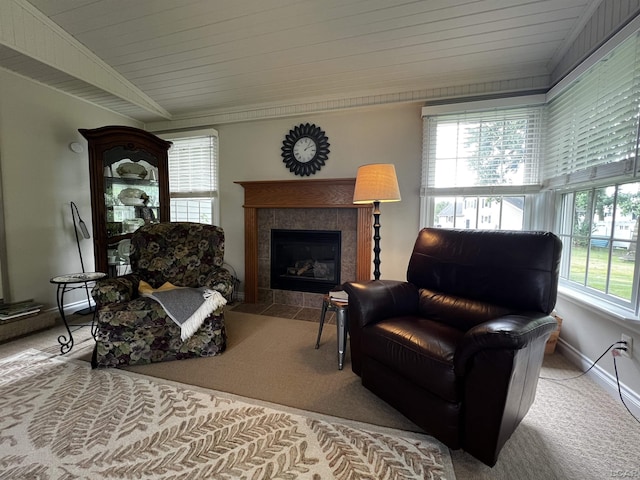 3118 Birch Run, Adrian, MI 49221 - living area with a tile fireplace, carpet floors, and crown molding