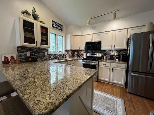 3118 Birch Run, Adrian, MI 49221 - kitchen featuring stainless steel appliances, a peninsula, glass insert cabinets, tasteful backsplash, and light stone counters
