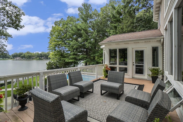15518 Oak Ridge Dr, Spring Lake, MI 49456 - wooden deck featuring a water view and an outdoor hangout area