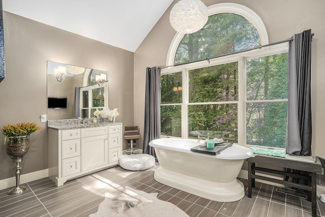 15518 Oak Ridge Dr, Spring Lake, MI 49456 - full bathroom with vanity, a soaking tub, wood tiled floors, and high vaulted ceiling