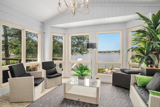 15518 Oak Ridge Dr, Spring Lake, MI 49456 - sunroom featuring lofted ceiling, a water view, healthy amount of natural light, a chandelier, and wooden ceiling