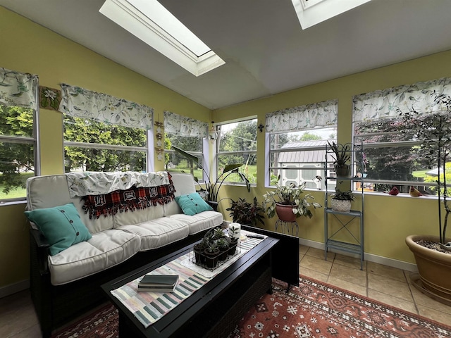 231 Willis Rd, Saline, MI 48176 - sunroom / solarium featuring a skylight, vaulted ceiling, tile patterned floors, and an outdoor living space