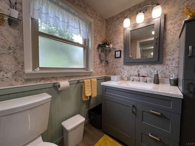 231 Willis Rd, Saline, MI 48176 - bathroom with wallpapered walls, vanity, a wainscoted wall, and wood finished floors