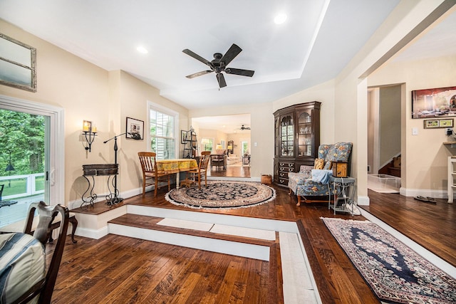 14300 Ridgemont St, Gregory, MI 48137 - living room with wood-type flooring, ceiling fan, plenty of natural light, stairway, and recessed lighting